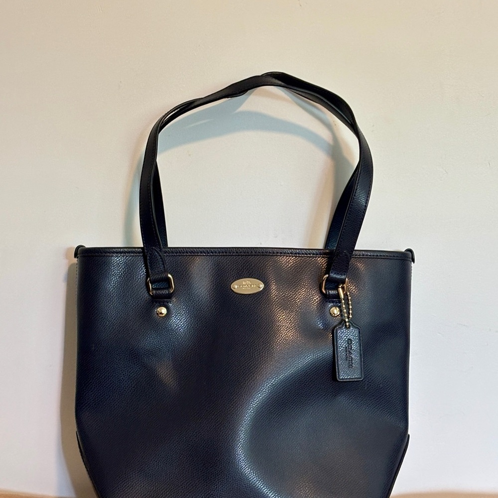 Coach Navy Leather Tote with Gold Accents
